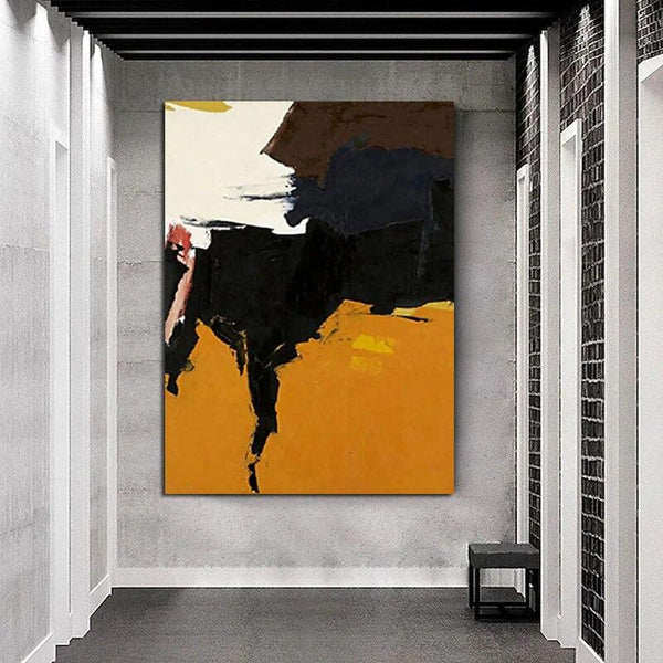 Hand Painted Simple Oil Painting Black White Yellow Abstract Canvas Wall Arts
