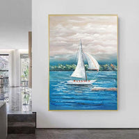 Abstract Sea Scenery White Sailboat On Blue Sea Hand Painted On Canvas Hanging Hotel Entrance