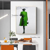 Hand Painted Oil Painting Simple Character Room Green Clothes Woman Umbrella Abstract Canvas