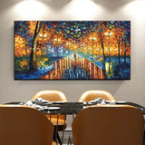 Hand Painted Oil Painting Palette Knife Street Lamp Tree On Canvas Figures Abstract Modern Wall Decor