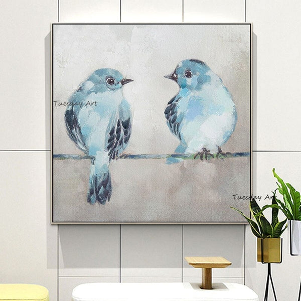Hand Painted Blue Bird Minimalist Animal Wall Art Canvas Oil Painting Poster Scandinavian For Home Bedroom Decor
