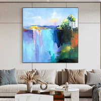 Hand Painted Modern Abstract Blue Pink and Green Oil Painting on Canvas Colorful Abstract Knife Acrylic Painting