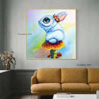 Hand Painted Oil Painting on Canvas Lovely Animal Rabbit Hotel Decor Modern Unframed