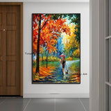 Hand Painted Knife Oil Painting Modern Landscape Red Leaf People Umbrella Abstract Canvas For Home Room Decor