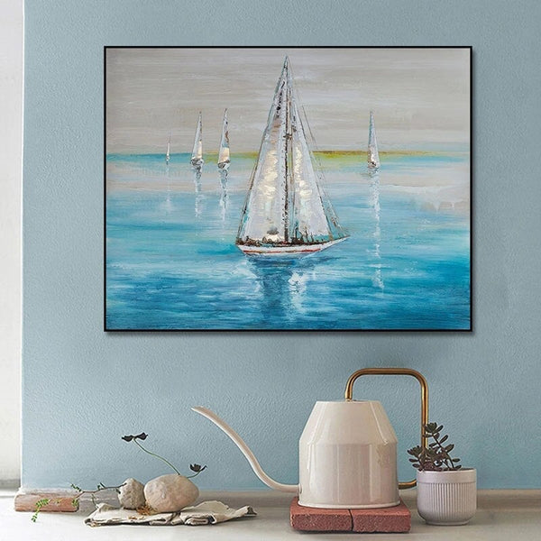 Hand Painted Oil Painting Sail Boat Canvas Seascape for Livingroom Wall