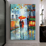 Hand Painted Modern Oil Painting Rain Tree Road Palette Knife People Abstract Canvas Wall Art