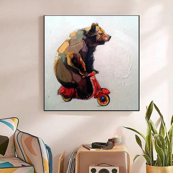 Hand Painted Oil Painting Modern Cute Biker Bear Abstract Wall Decorative Item Canvas Entrance Decor