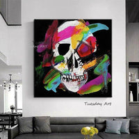 Hand Painted Canvas Oil Painting Wall Art Modern Halloween Skeleton Abstract Art