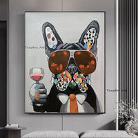 Modern Abstract Hand Painted Creative Cute Dark Gray Dog Cheers Art Canvas Painting Decor