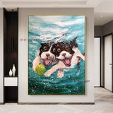 Modern Hand Painted Funny Animal Dog Underwater Art Wall Canvas Creative Mural Home Room Decor