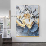 Modern Abstract Gold Blue Flowers on Canvas Wall Art Flower for Interior Office