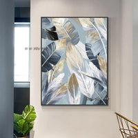 Hand Painted Abstract Gray Leaves Painting Decorative On Canvas Modern Plant Wall Art For