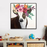 Hand Painted Modern Animal Art Cow with flowers Wall Canvas Art Oil Painting