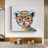 Wall Oil Paintings on Canva Hand Painted Cute Little Tiger with Glasses Art