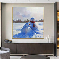 Hand Painted Snowman Oil Painting Landscape Abstract on Canvas The Wall Art Room Decor