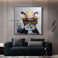 Home Decoration Hand PaintedThe Dog Is Holding A Wine Glass Wearing Sunglasses Paintings On Canvas Artwork Wall Art