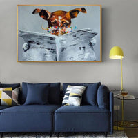 Hand Painted Wall Painting Read the Newspaper Dog Painting on Canvas Abstract Animals For Kid Room