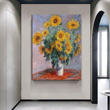 Hand Painted Claude Monet Impression Bouquet of Sunflowers 1880 Abstract Art Oil Painting Entrance