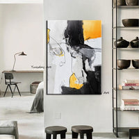 Hand Painted Oil Painting Modern Black White Yellow Line Abstract Canvas Decor