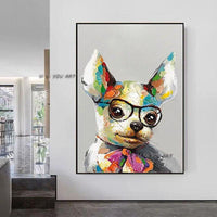 Hand Painted High Quality Lovely Animal Dog on Canvas Cartoon Handsome Dog with Glasses Oil Painting