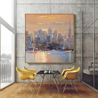 Abstract Golden Building Canvas Hand Painted Oil Painting City Landscape for Pub Aisle