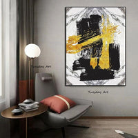 Hand Painted Abstract Oil Painting Art Wall Black White Yellow Simple Canvas Modern Home Mural