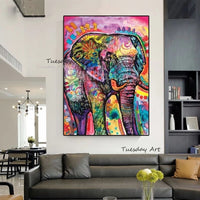 Hand Painted Oil Painting Graffiti Street Art Canvas Animal Colorful Elephant Pop Cartoon Painting