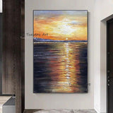 Hand Painted Modern Seascape Oil Painting On Canvas Sunrise Abstract Canvas Decor