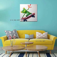 Hand Painted Skateboarding Frog Modern Canvas Wall Art Hand Painted Animal Art for Kids' Room Decor