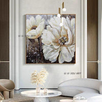 White Flower Gray Background Hand Painted Wall Art Modern Abstract On Canvas Wall Painting