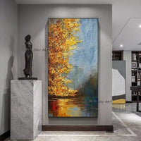 Hand Painted Golden Tree Landscape Abstract Wall Art On Canvas Modern Bedroom