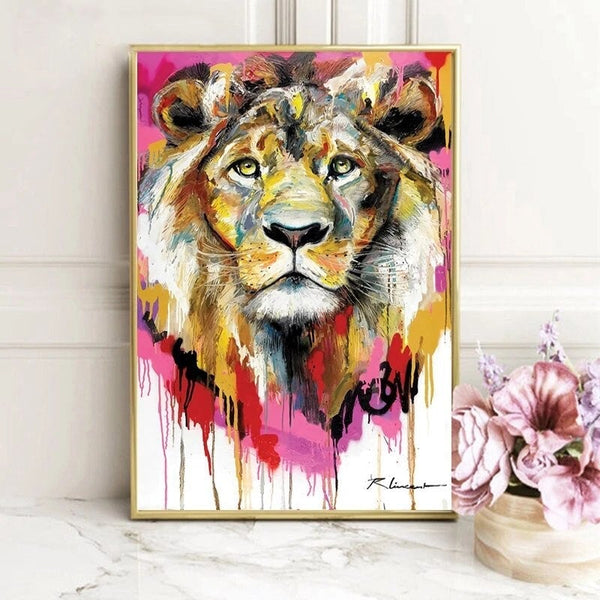 Hand Painted Animal Oil Painting Modern Colorful Lion Abstract Artwork Canvas Wall Room