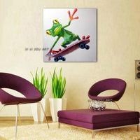 Hand Painted Skateboarding Frog Modern Canvas Wall Art Hand Painted Animal Art for Kids' Room Decor