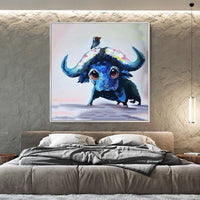 Hand Painted Modern Animal Oil Painting Cute Blue Cow Canvas Painting Home As