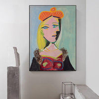 Hand Painted Oil Painting Picasso Woman wearing orange beret and fur collar (Mary Tres) Abstract Canvas Wall Art