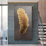 Hand Painted Abstract Golden Feather Canvas Modern Minimalist