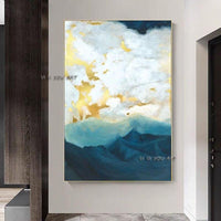 Hand Painted Gold Blue Sky Oil Paintings Wall Art Canvas Abstract Artwork Carving Art For Hotel Decor