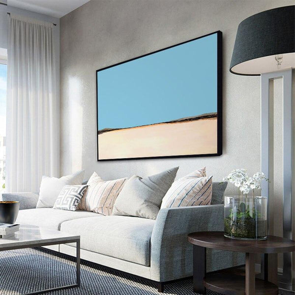 Hand Painted Abstract Simple Blue and Beige Oil Painting On Canvas Modern