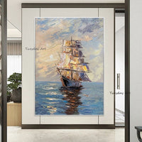 Hand Painted Sailing Boat Landscape Oil Painting Bar Home Salon Birthday Housewarming s