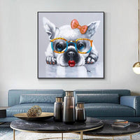 Hand Painted Abstract Dog Bowknot Glasses Art Oil Painting On Canvas Modern Animal