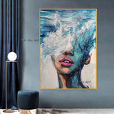 Hand Painted Blue Style Figure Abstract Minimalist Modern On Canvas Decorative