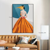 Modern Abstract Woman In Orange Yellow Dress Hand Painted Canvas Painting Decor