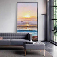 Hand Painted Beautiful Oil Painting Seascape Sea Sunset Seagull Reef Orange Yellow Background Modern Canvas Painting Porch Mural