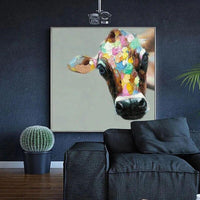 Hand Painted Oil Painting Cartoon Cute Animal Colorful Cow Painting Living Canvass