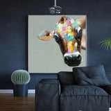 Hand Painted Oil Painting Cartoon Cute Animal Colorful Cow Painting Living Canvass