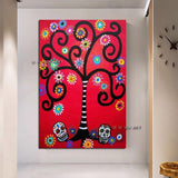 Hand Painted Colorful Modern Cartoon Tree and Skull Canvas Mexico Day of the Dead Wall Art for