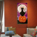 Hand Painted Modern Abstract Oil Painting on Canvas Pumpkin Night Cat Abstract Halloween