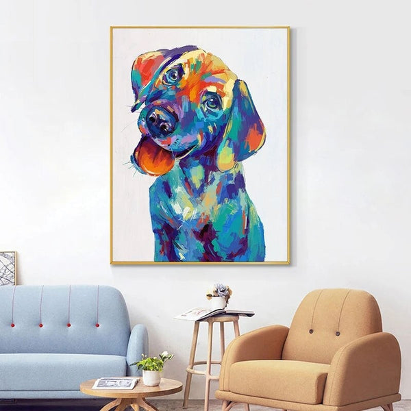 Color Cute Dog Pet Hand Painted Canvas Painting Abstract Animalative Decor