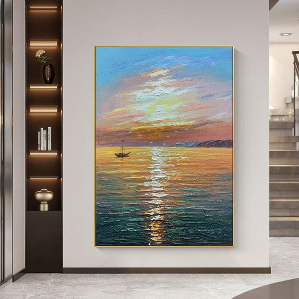 Hand Painted Abstract Landscape Oil Painting Sunset Seascape Canvas Modern