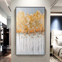 Hand Painted Thickened Abstract White Gray Gold Cute Tree Painting Canvas